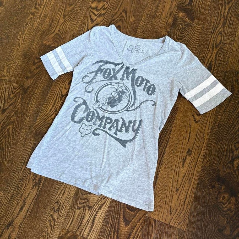 Fox Racing Womens V-Neck Graphic Y2K Large Gray Motocross Varsity Stripe Tee